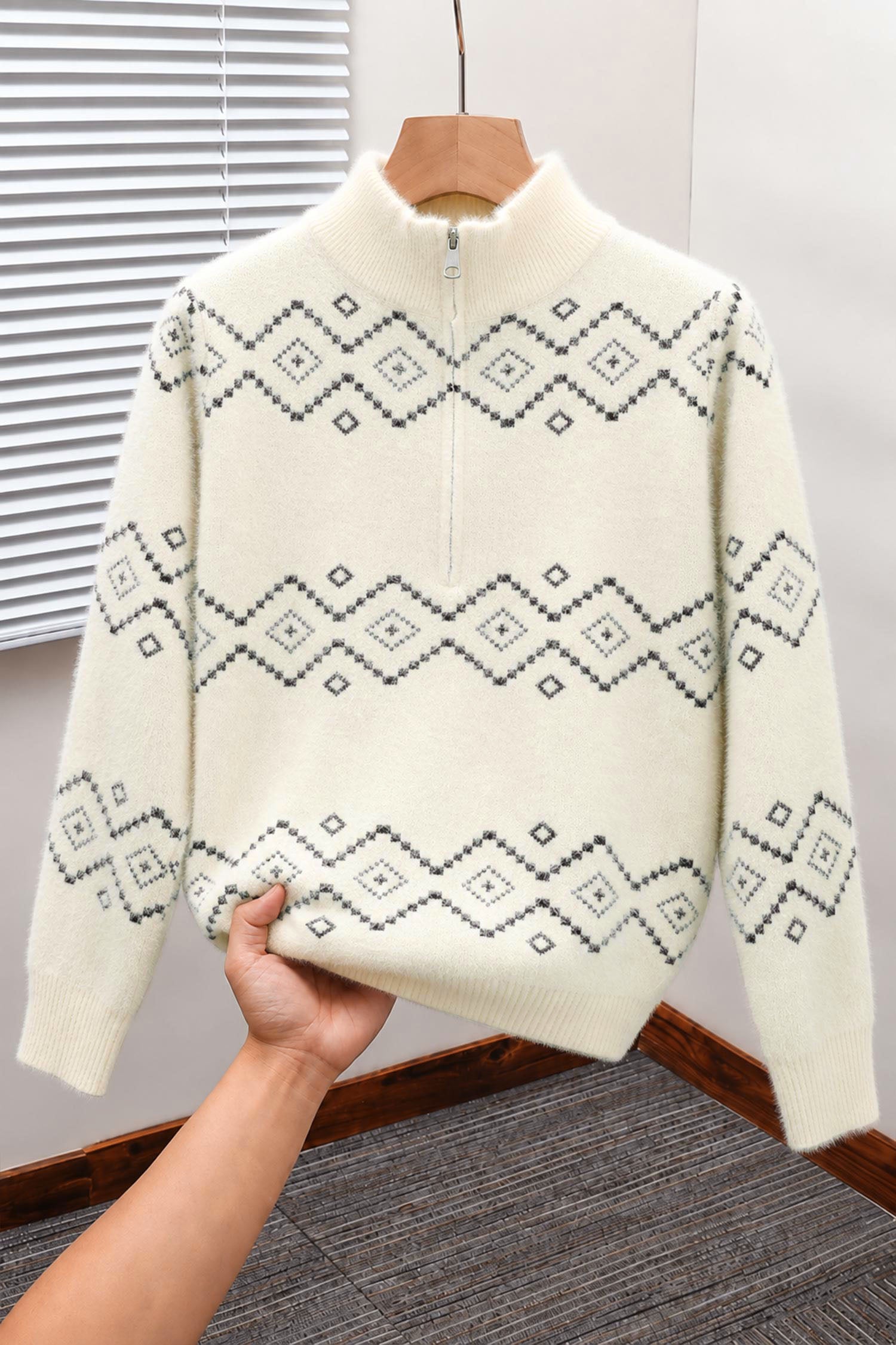 Men's Geometric Pattern Half-Zip Knit Imported Rabbit Wool Men's Sweater In Cream