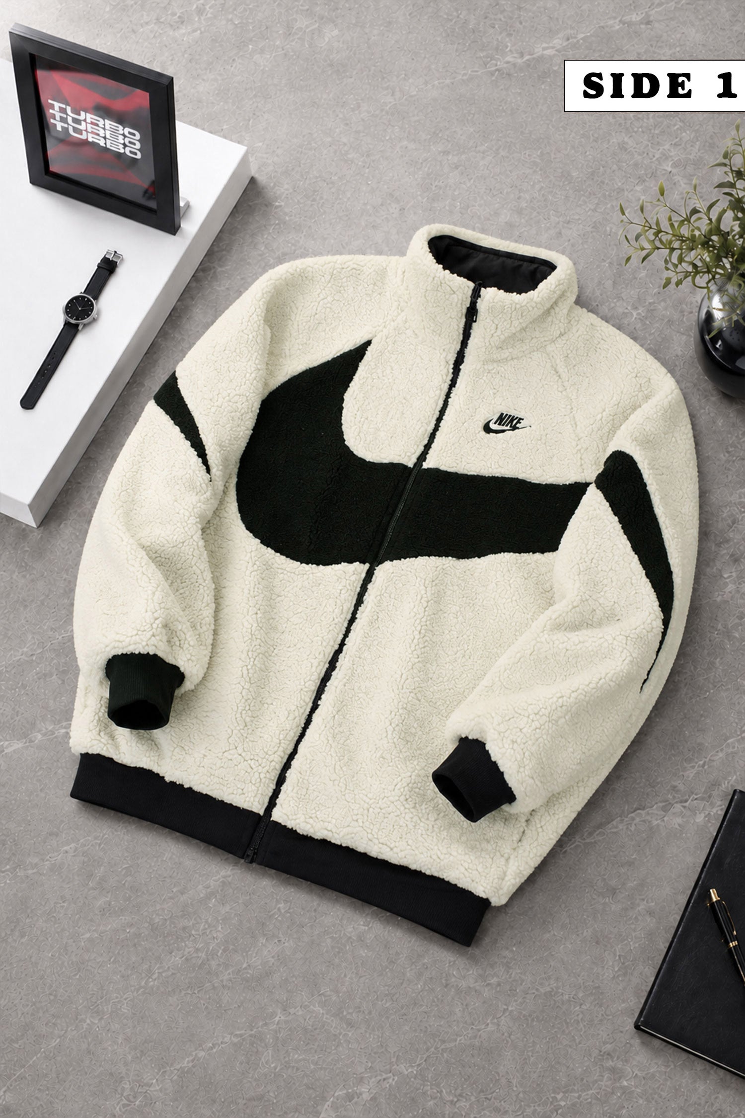 Nke Wind-Runner Swoosh Double Sided Imported Sherpa Puffer Jacket In Cream