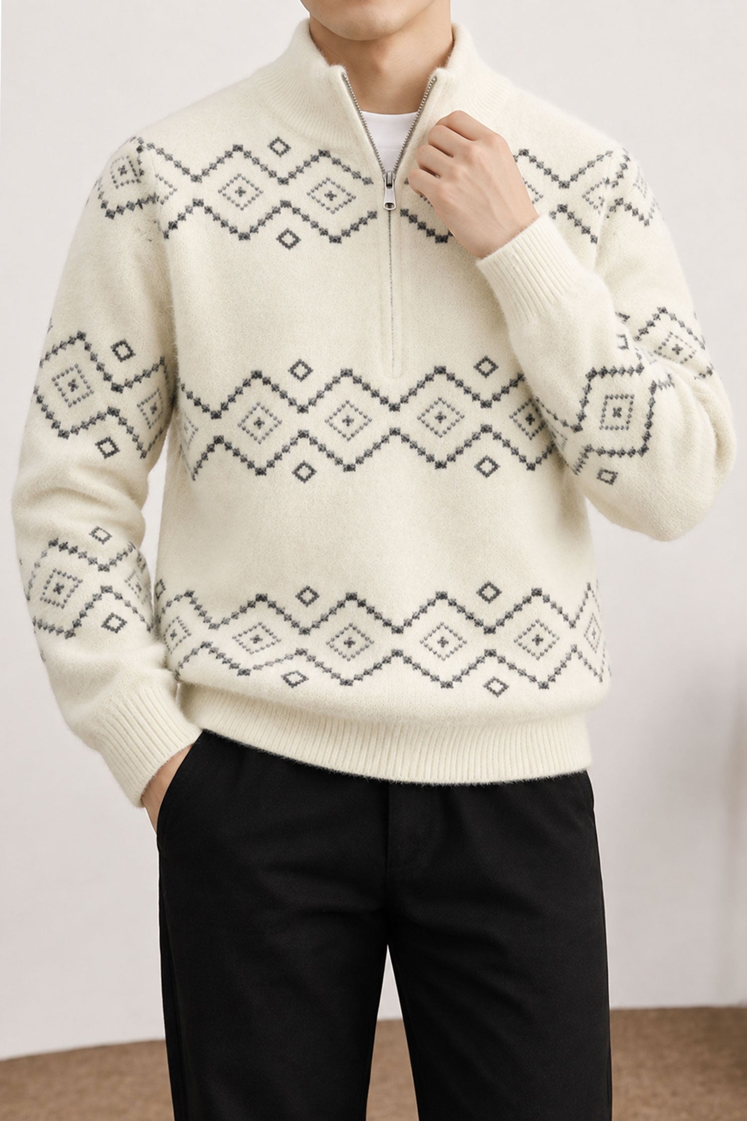 Men's Geometric Pattern Half-Zip Knit Imported Rabbit Wool Men's Sweater In Cream