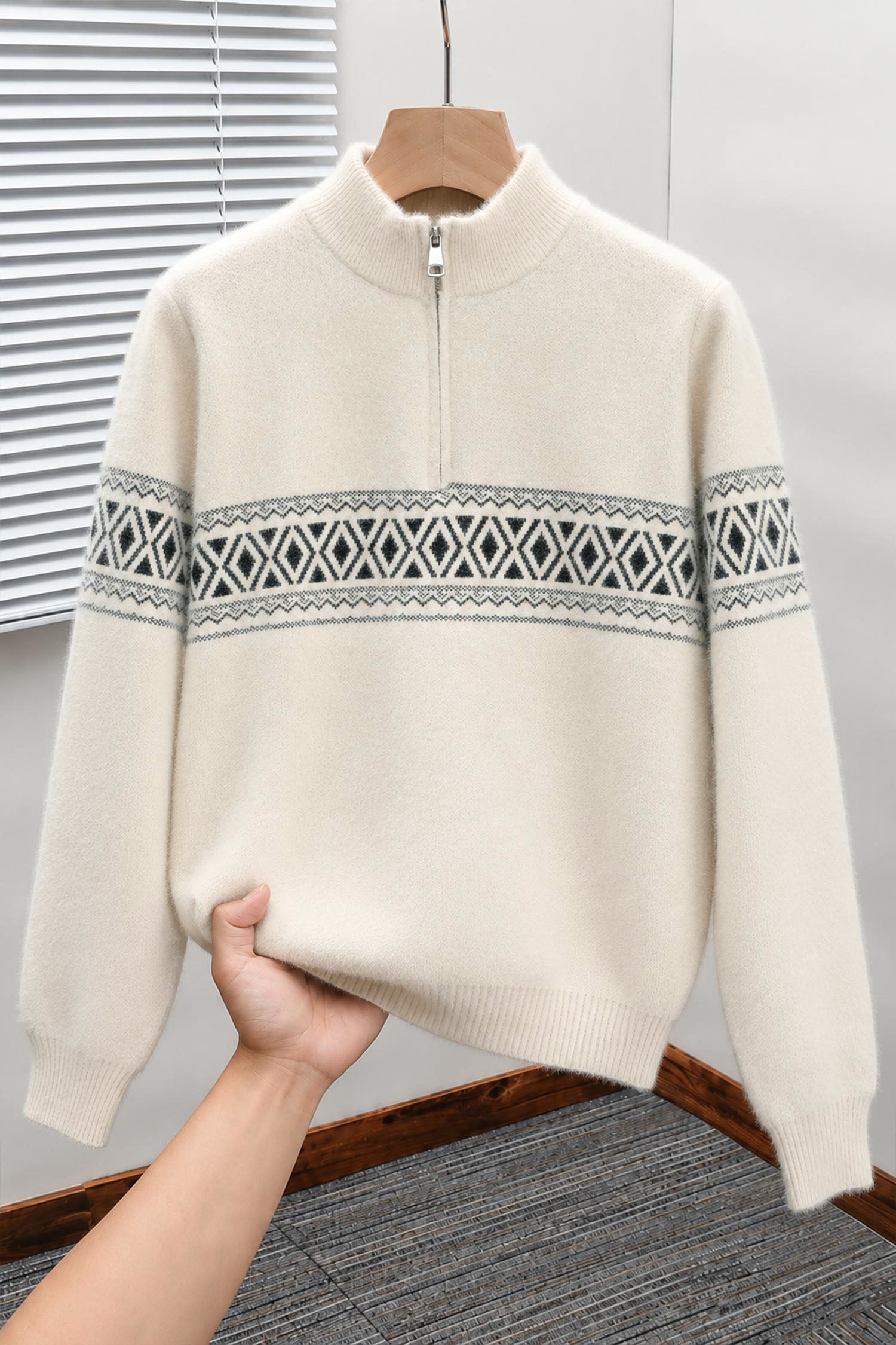 Men's Chunky Half Zipper Knit Imported Rabbit Wool Men's Sweater In Cream