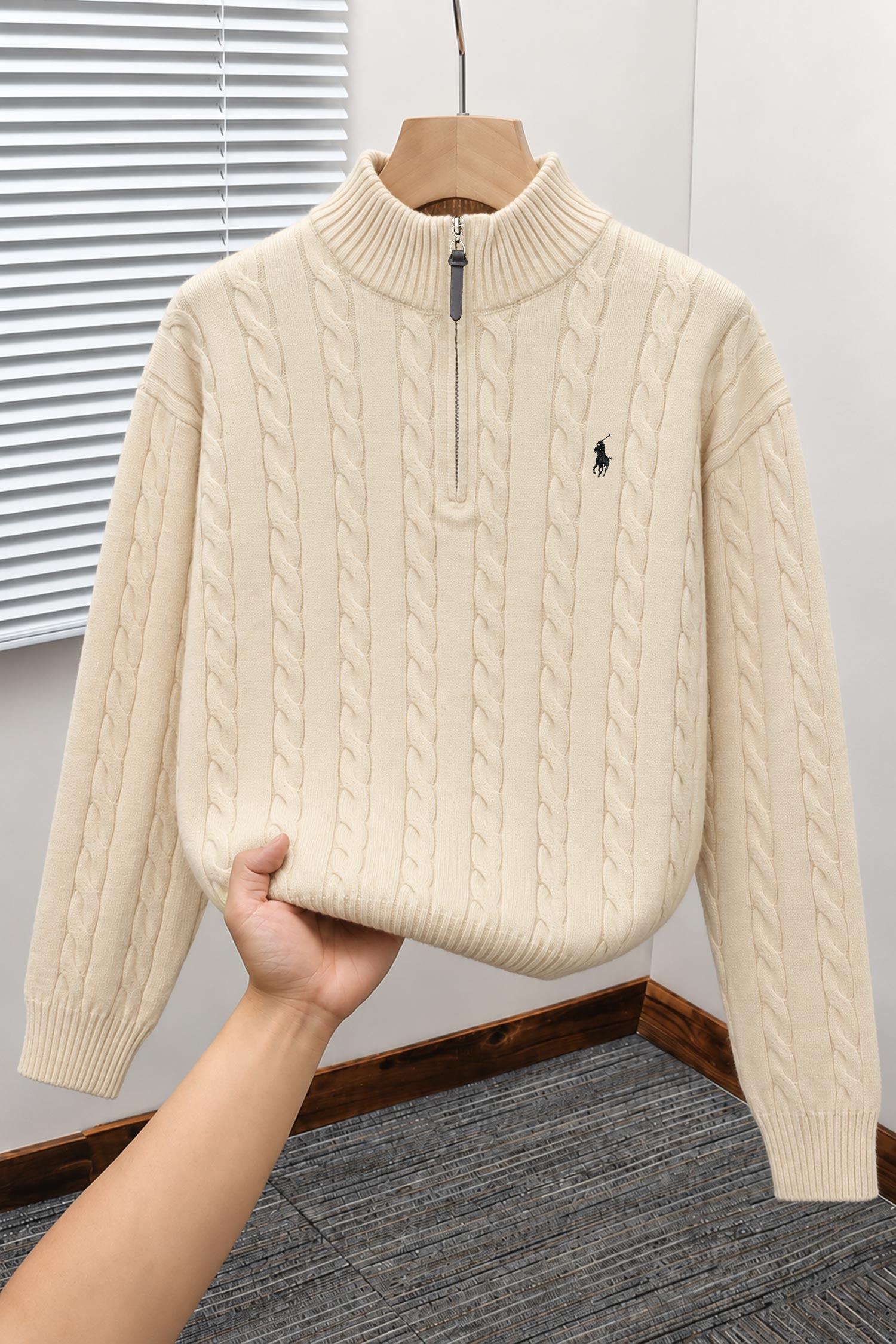 Polo Pony Half-Zip Cable Knit Texture Imported Men's Jumper Sweater In Cream
