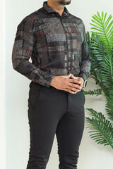 Turbo Checkered Crown Long Sleeve Cotton Casual Shirt In Charcoal Black