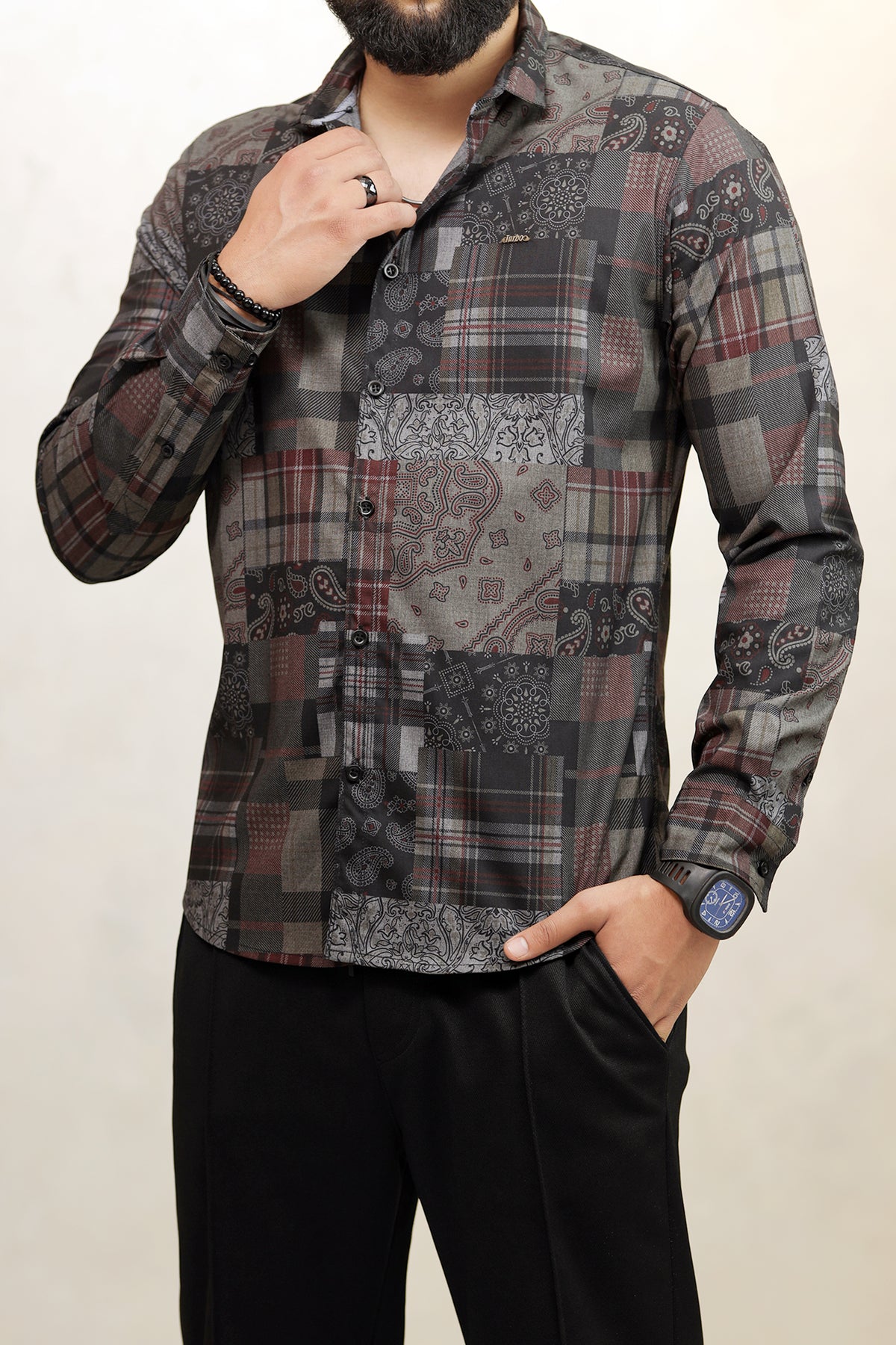 Turbo Checkered Crown Long Sleeve Cotton Casual Shirt