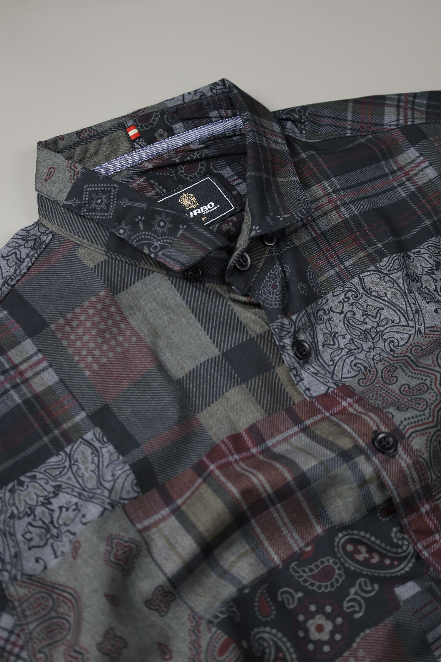 Turbo Checkered Crown Long Sleeve Cotton Casual Shirt In Charcoal Black