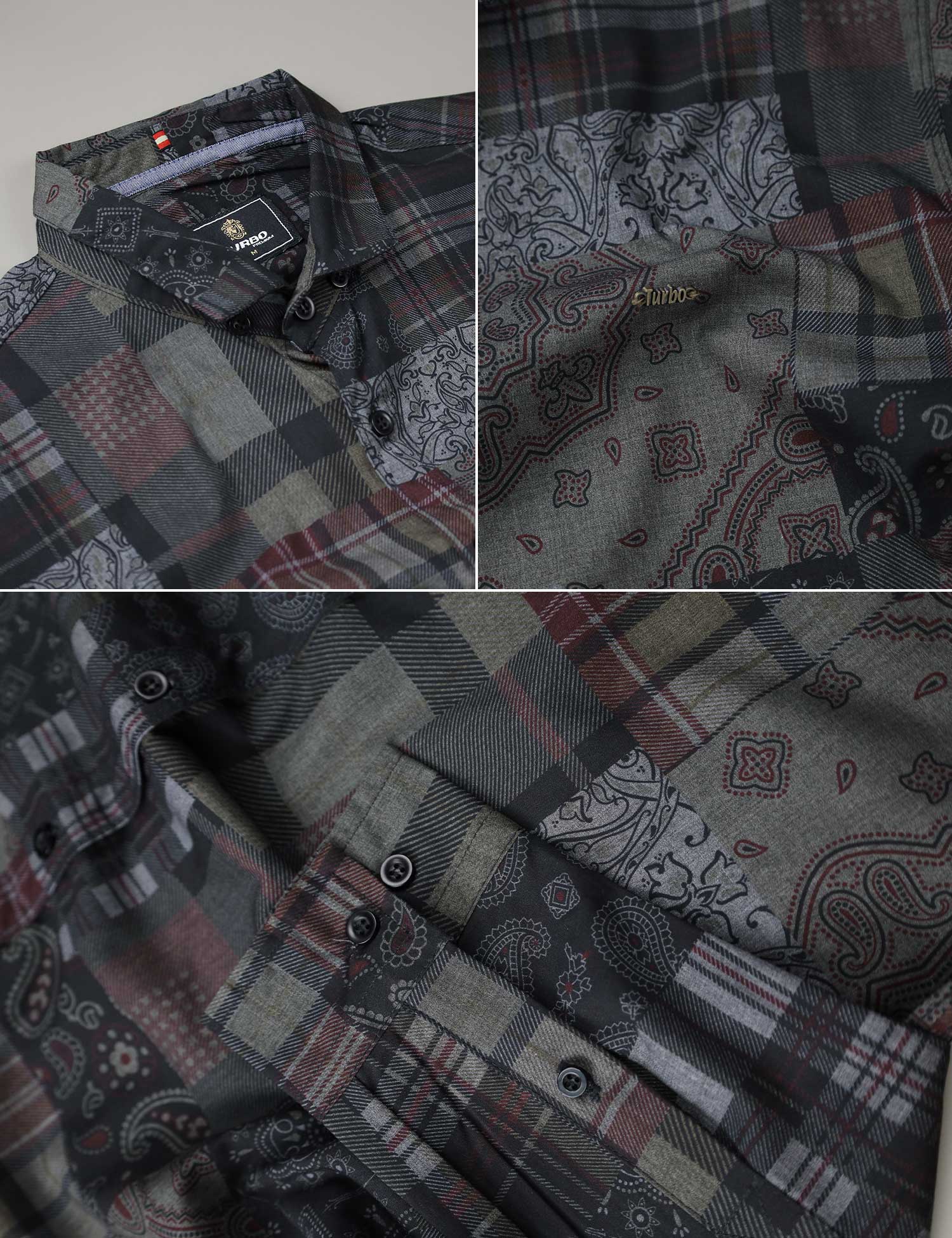 Turbo Checkered Crown Long Sleeve Cotton Casual Shirt In Charcoal Black