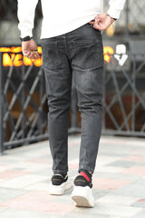 Trendy Faded Knee Turbo Ankle Fit Jeans In Charcoal Black