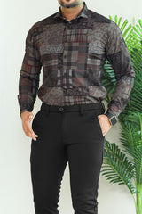 Turbo Checkered Crown Long Sleeve Cotton Casual Shirt In Charcoal Black