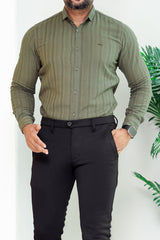 Turbo Self Stripe Motif Long Sleeve Cotton Casual Shirt In Camo Green