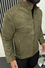 Stitched Motif Pattern Men's Suede Jacket In Camo Green