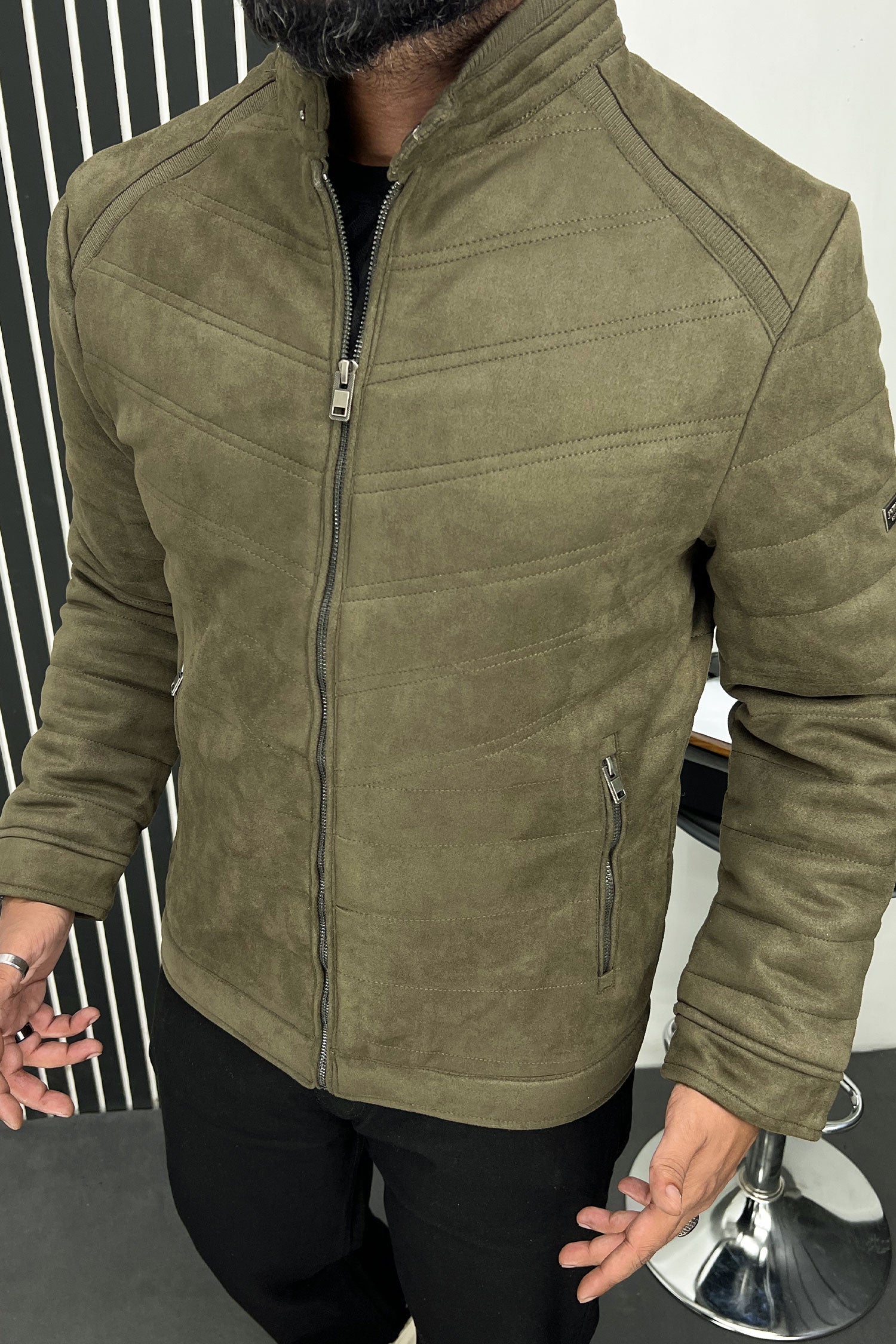 Stitched Motif Pattern Men's Suede Jacket