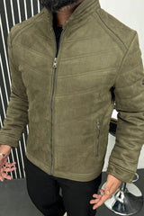 Stitched Motif Pattern Men's Suede Jacket In Camo Green