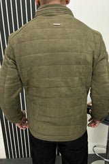 Stitched Motif Pattern Men's Suede Jacket In Camo Green