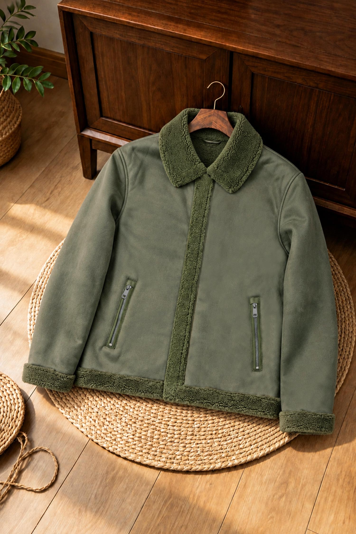 Turbo Sherpa Lined Imported Men's Suede Jacket In Camo Green