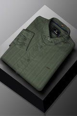 Turbo Self Stripe Motif Long Sleeve Cotton Casual Shirt In Camo Green