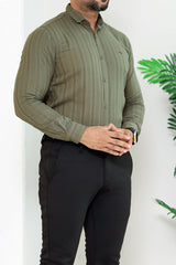 Turbo Self Stripe Motif Long Sleeve Cotton Casual Shirt In Camo Green