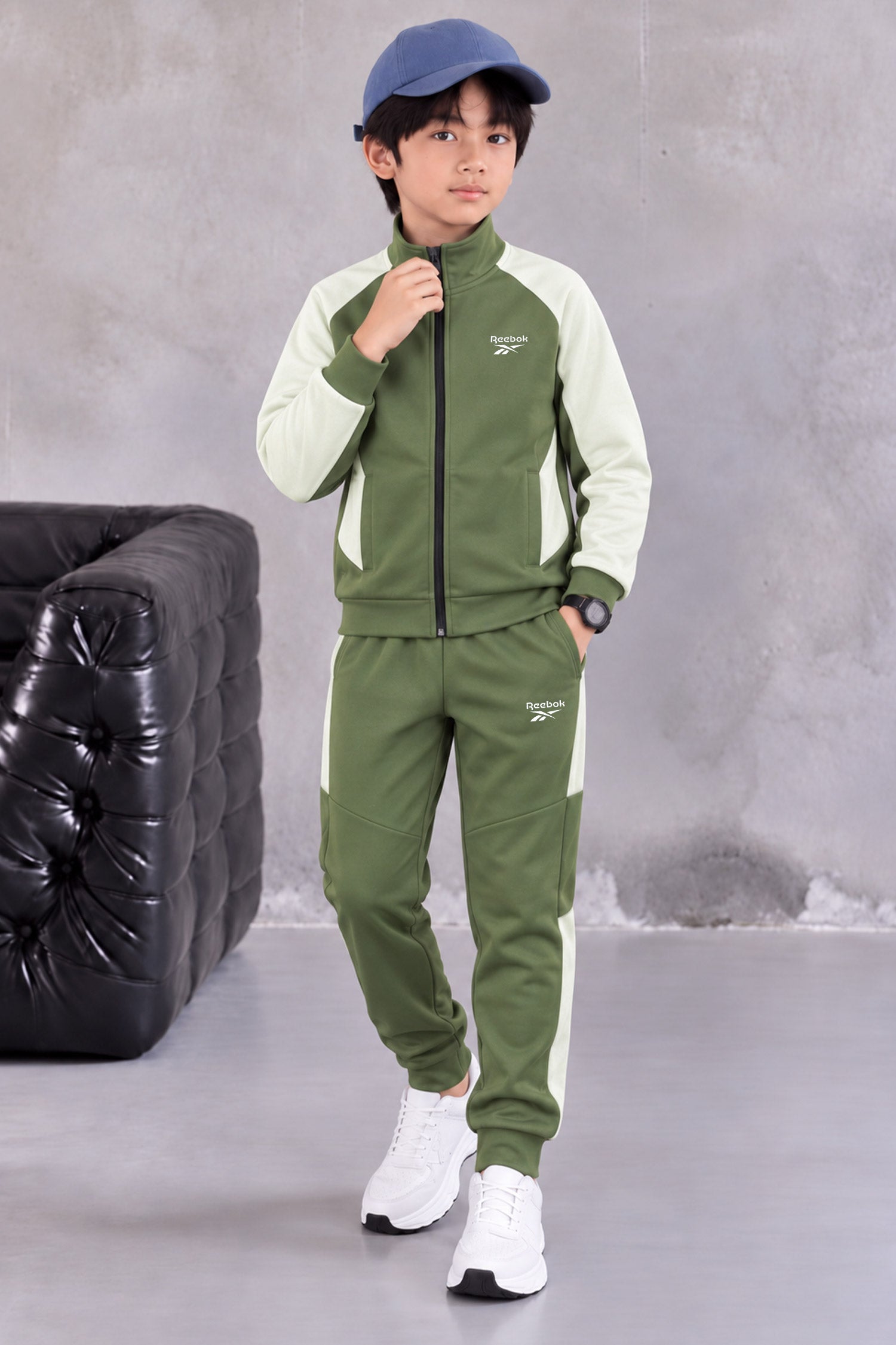 Rebok Tech-Fit Wind Breaker Zipper Kid's Co-Ord Set In Camo Green