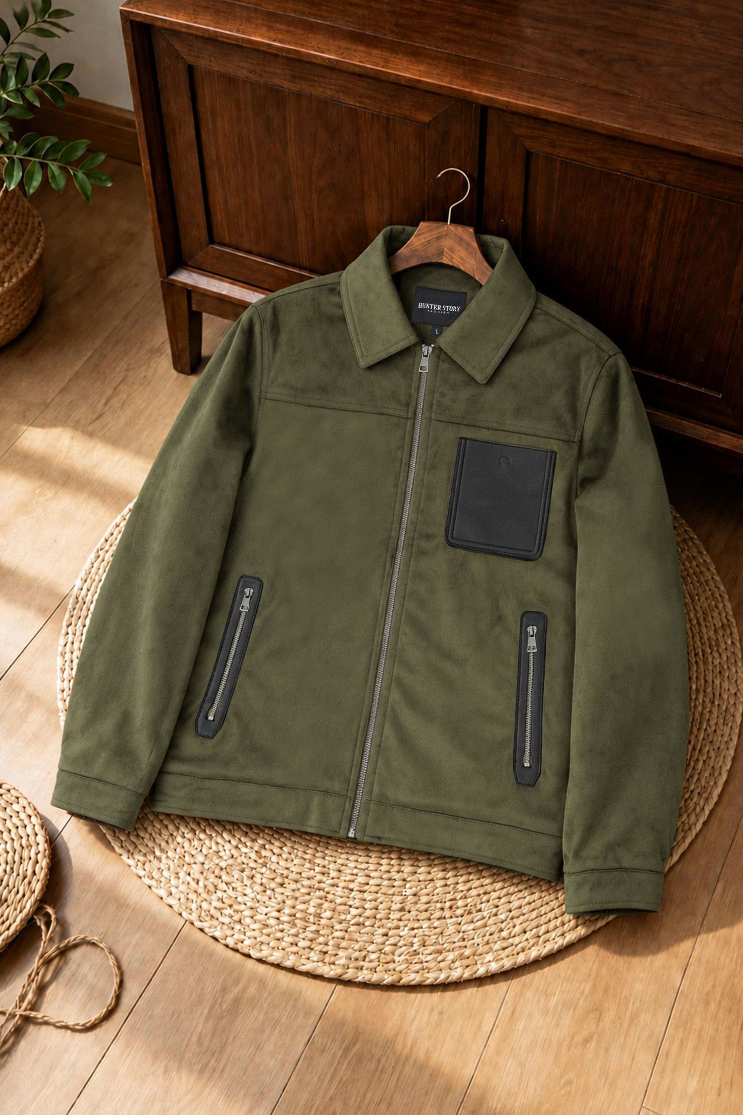 Turbo Classy Zip-Through Imported Men's Suede Jacket In Camo Green