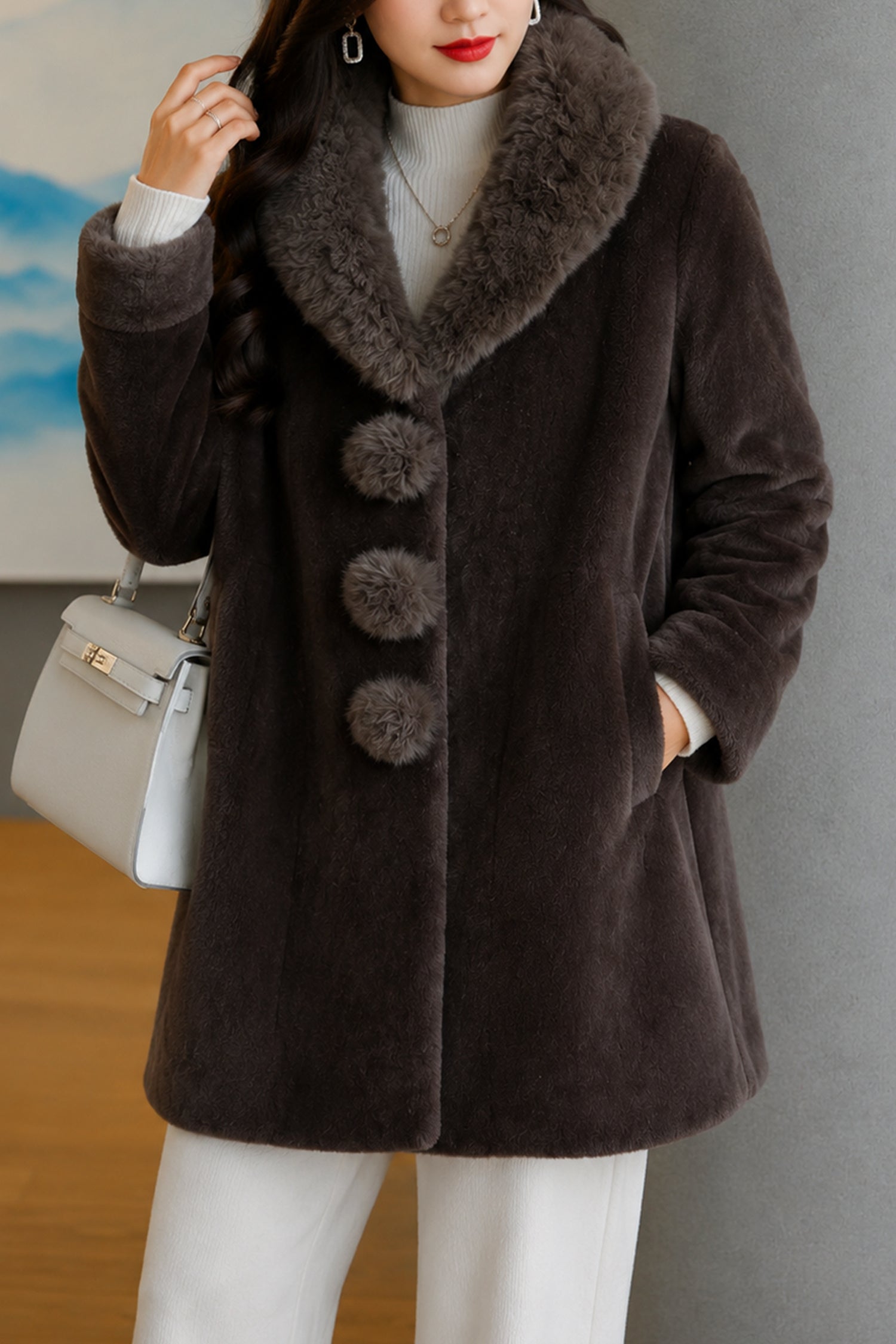 Women's Unique Spherical Buttons Imp Wool Long Coat In Choclate