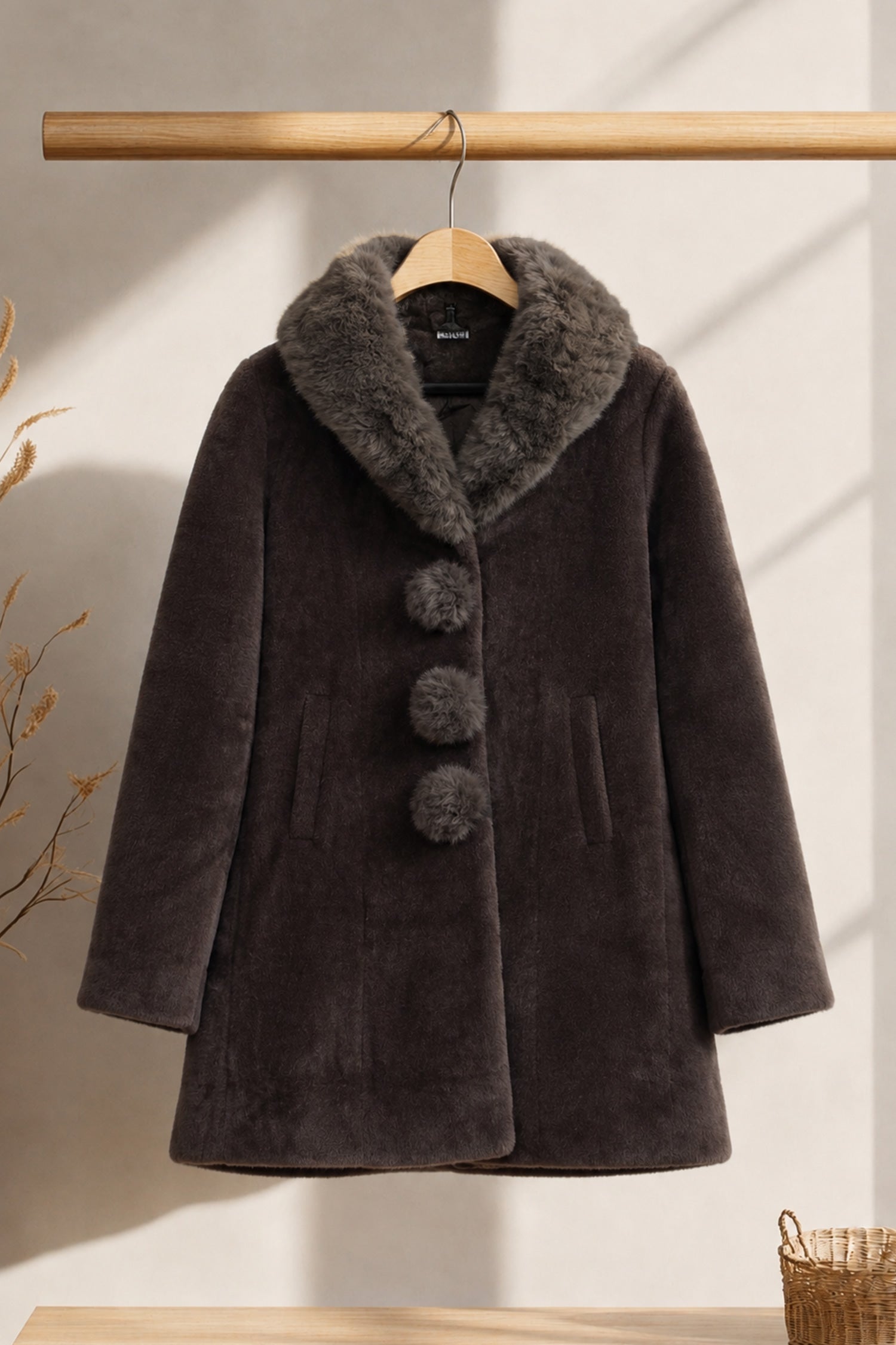 Women's Unique Spherical Buttons Imp Wool Long Coat In Choclate