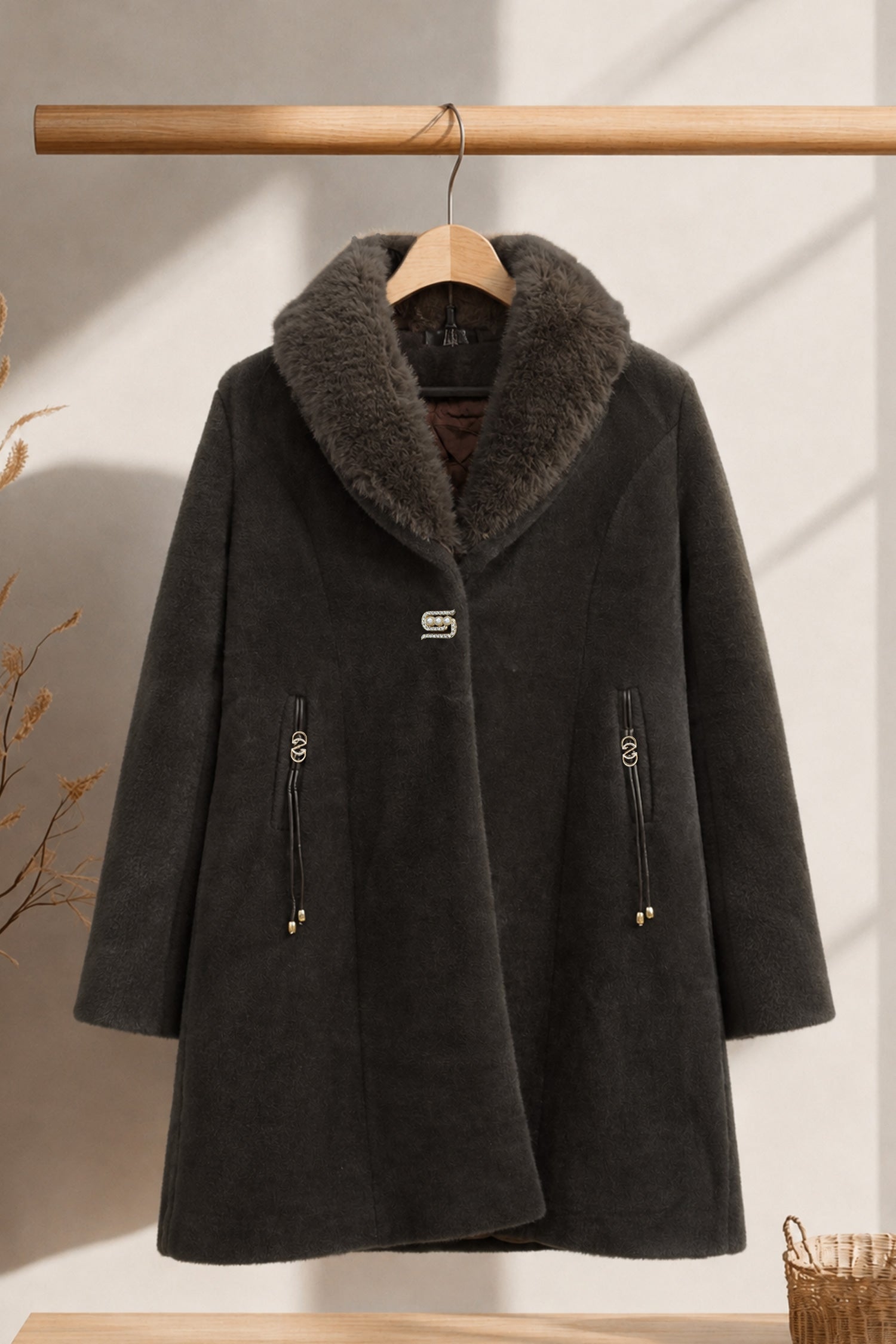 Women's Faux Fur Imp Wool Long Coat In Choclate