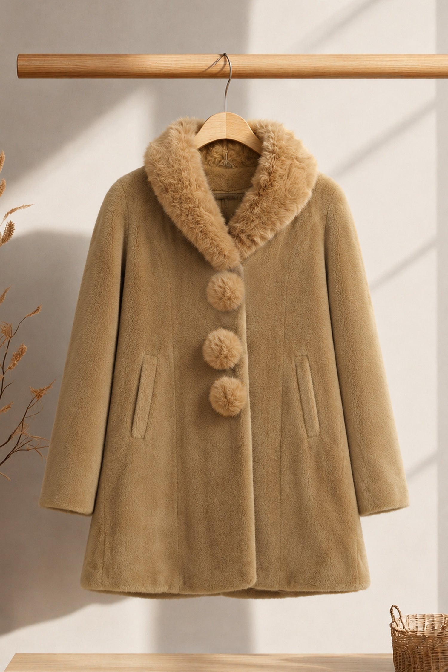 Women's Unique Spherical Buttons Imp Wool Long Coat In Camel