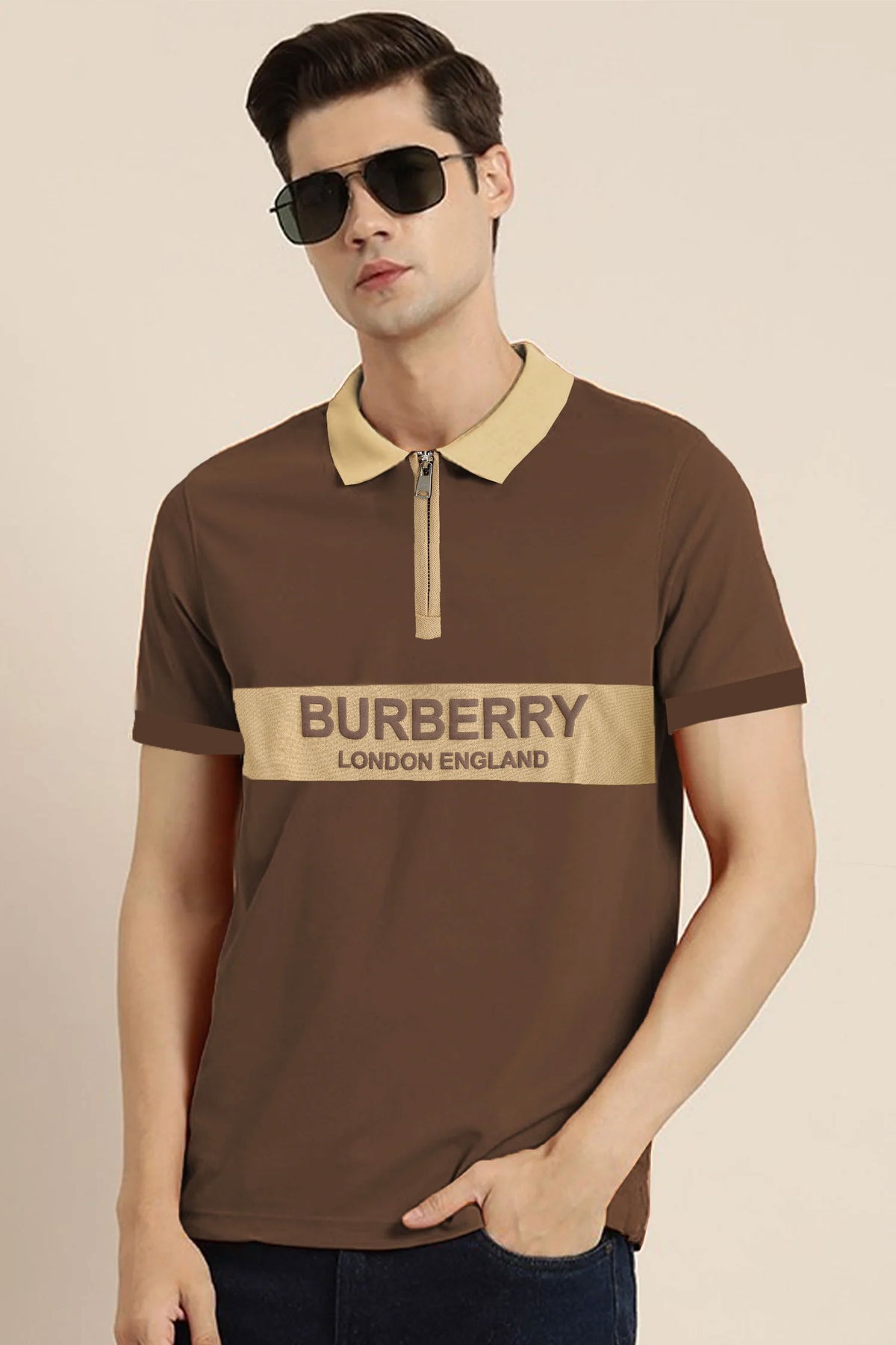 Brbrry 'The Lndn Englnd' Edition Zip Men's Polo Shirt In Chocolate
