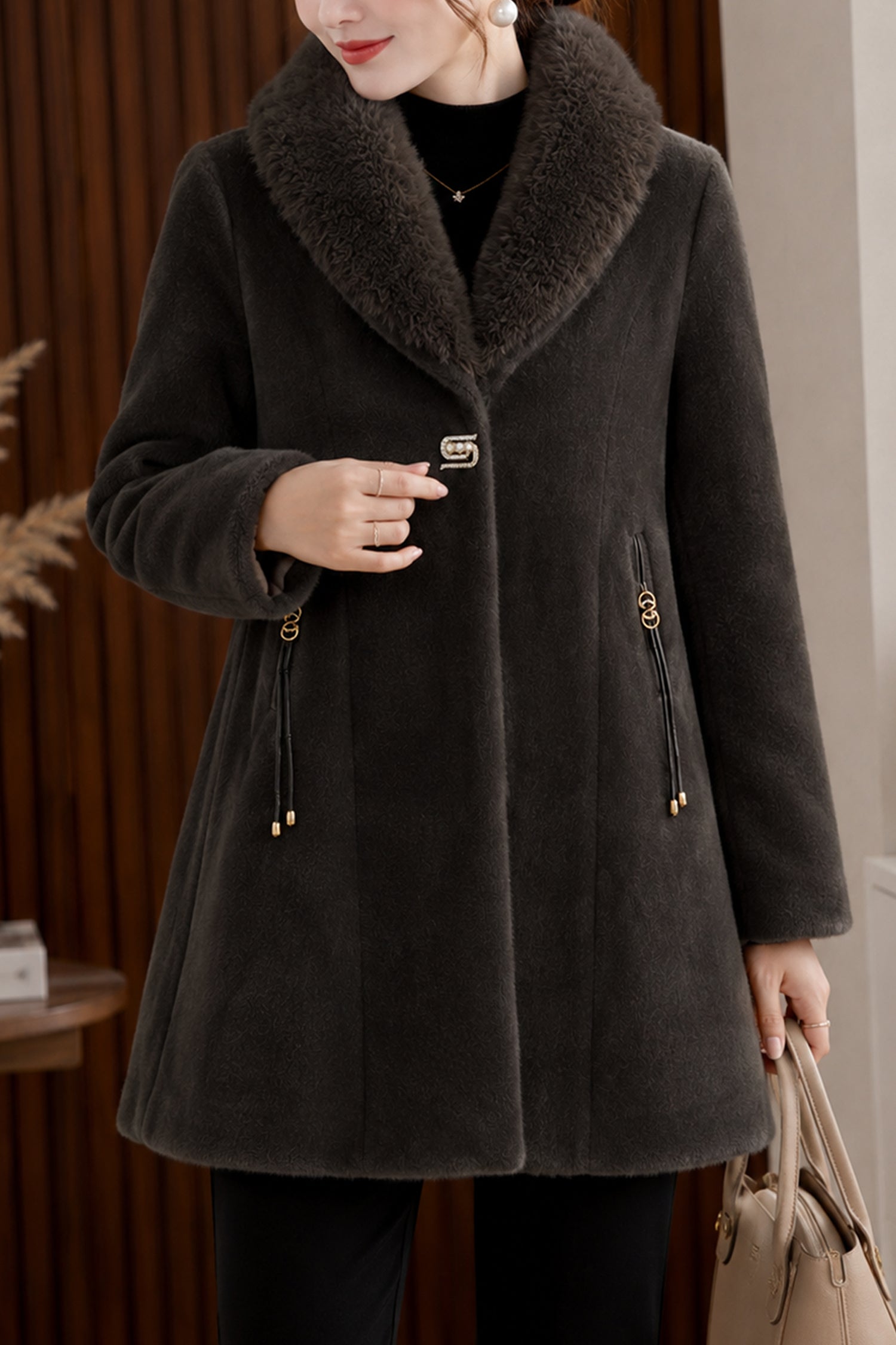 Women's Faux Fur Imp Wool Long Coat In Choclate