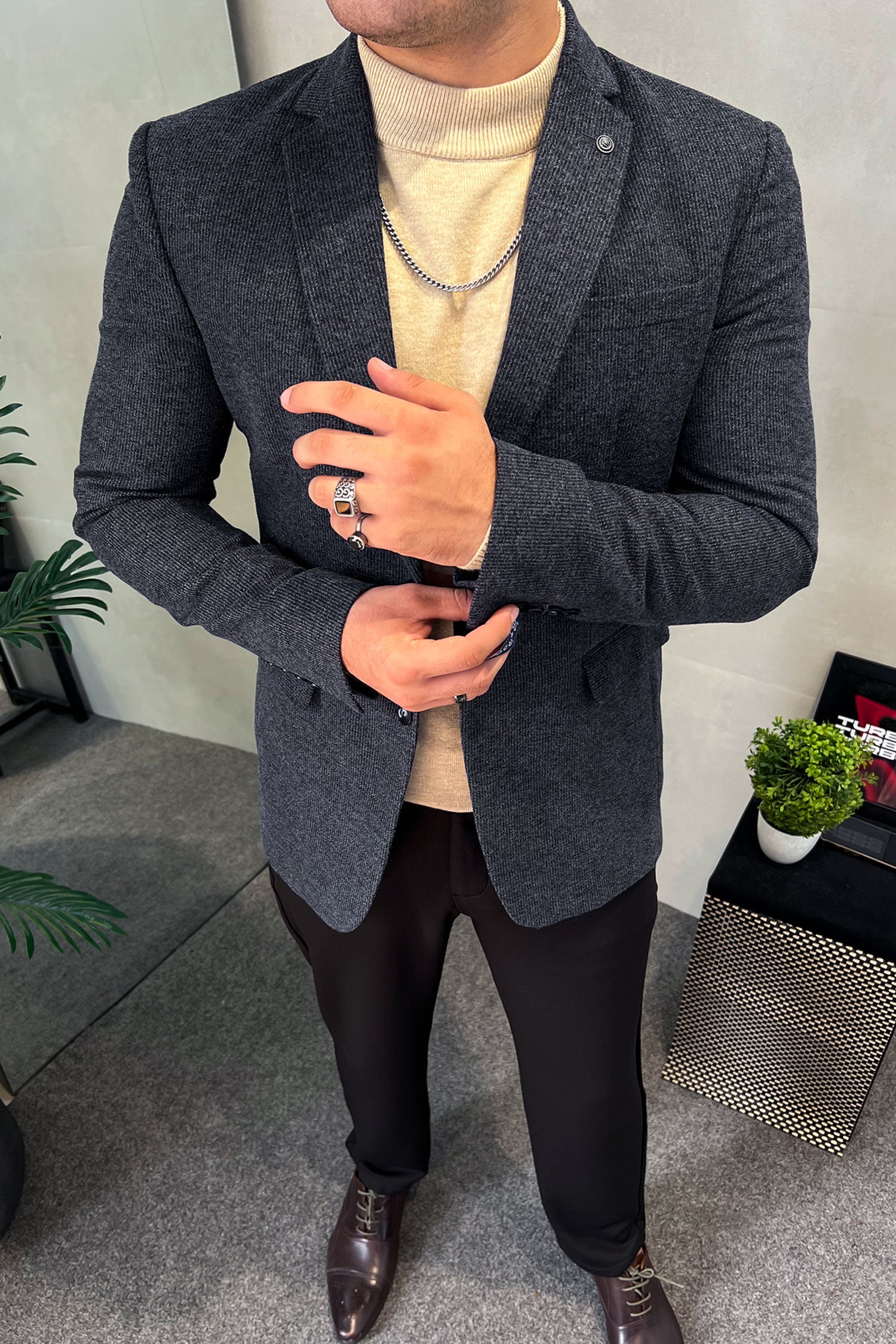 Turbo Modern Micro-Textured Imported Men Blazer In Charcoal