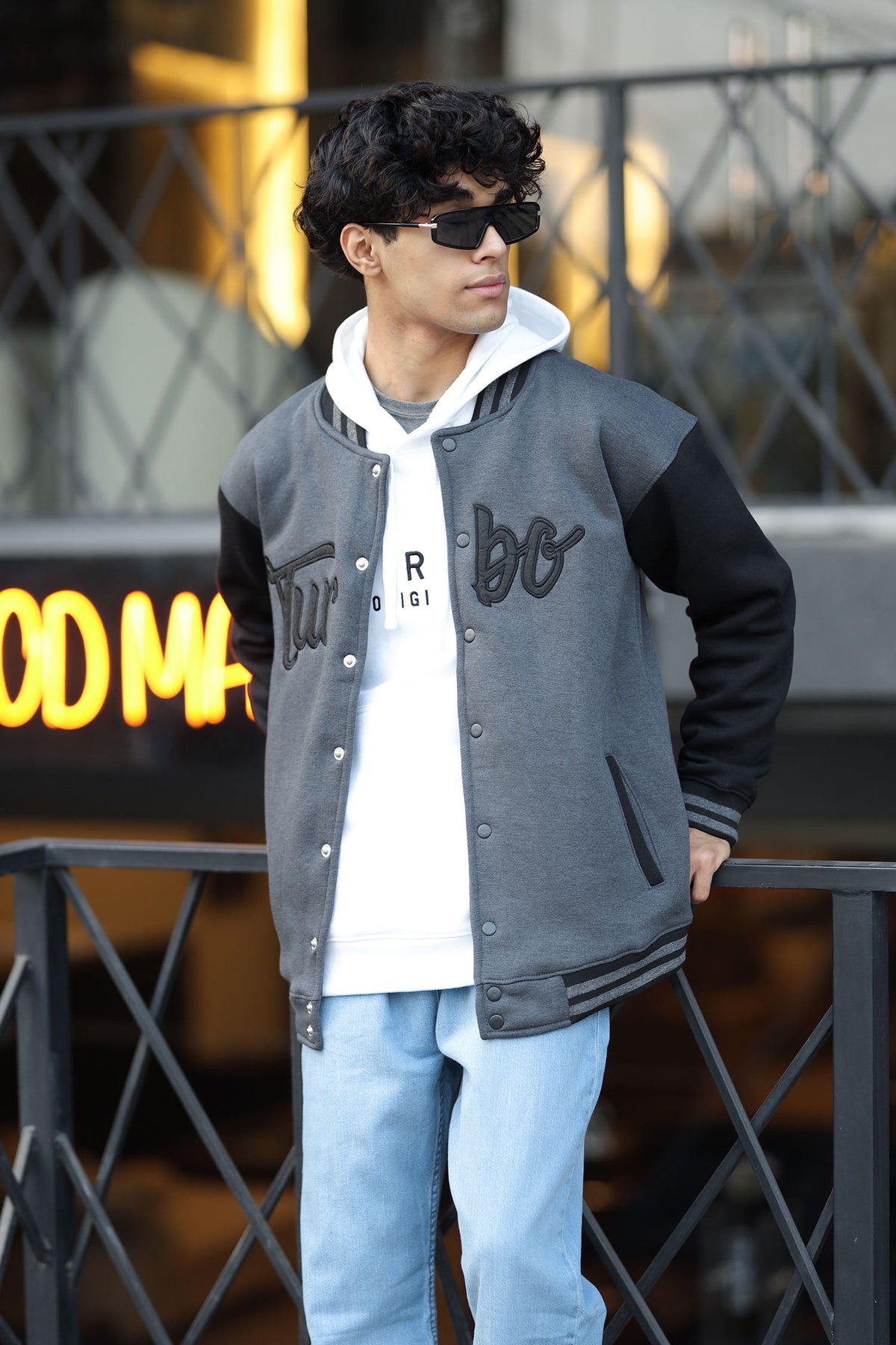 Turbo Button Style Men's Varsity Jacket In Charcoal