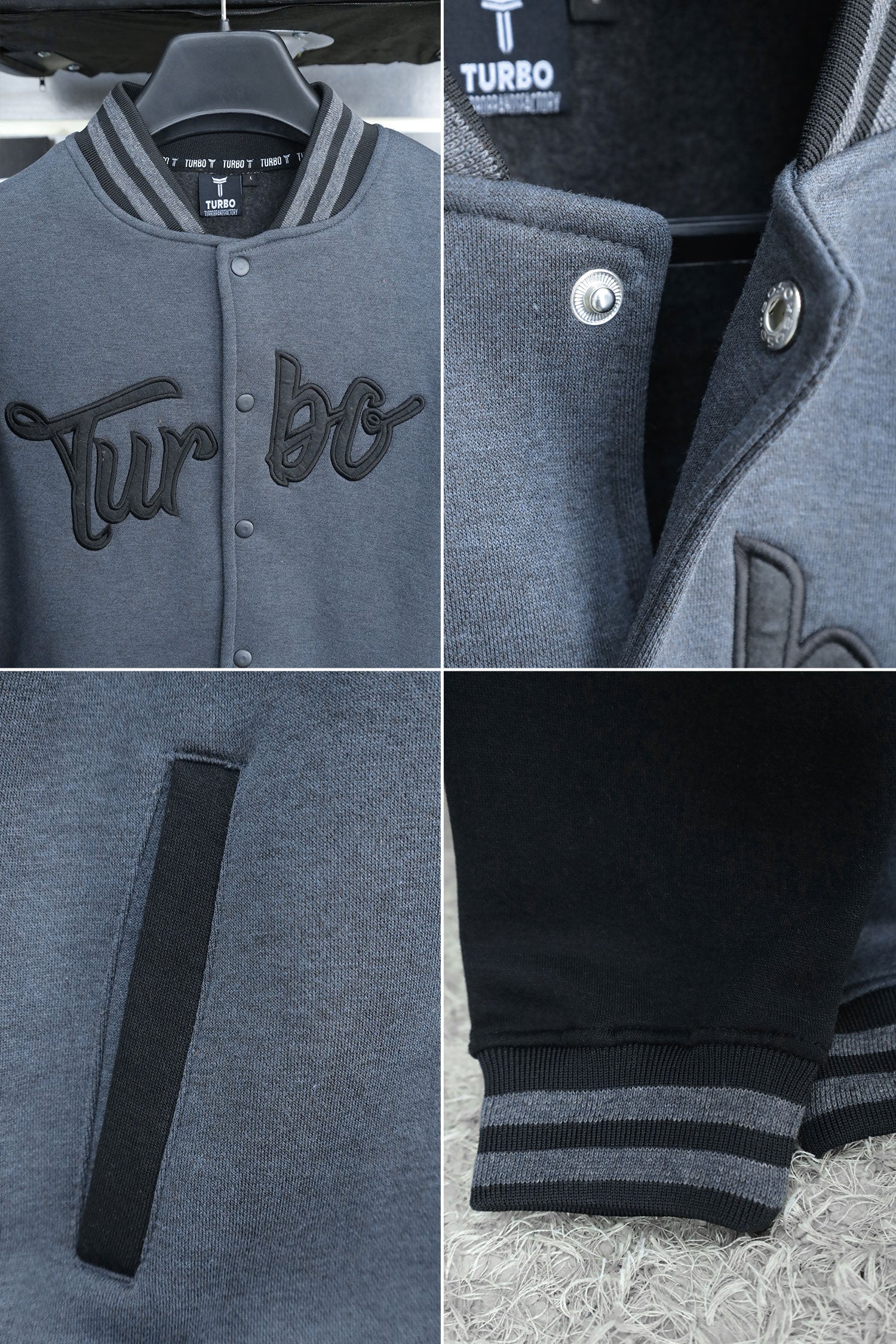 Turbo Button Style Men's Varsity Jacket In Charcoal