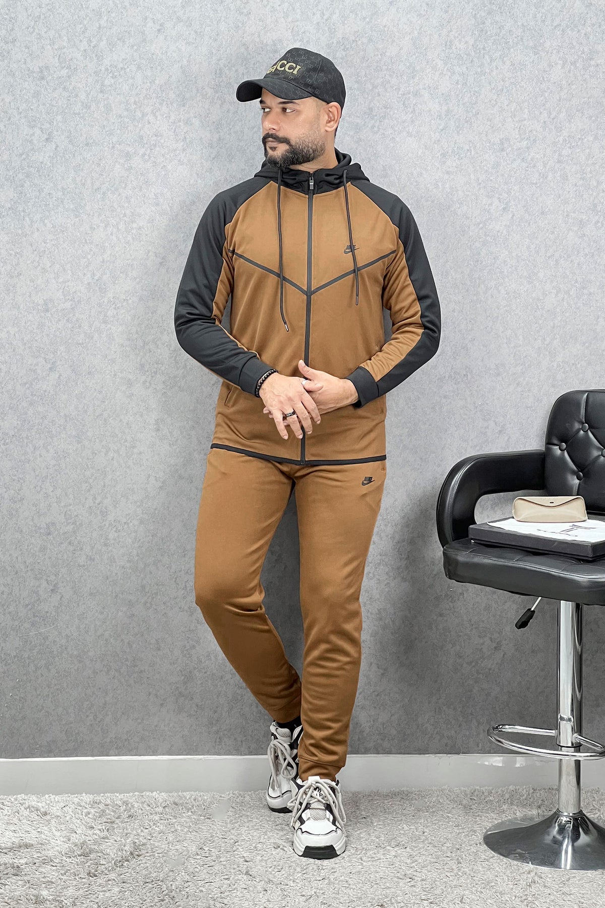 Nke Relaxed Feel Contrast Tone Fine Interlock Men Zipper Tracksuit In Camel