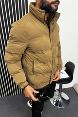 Stay Warm Textile Design Quilted Padded Imported Puffer Jacket In Camel