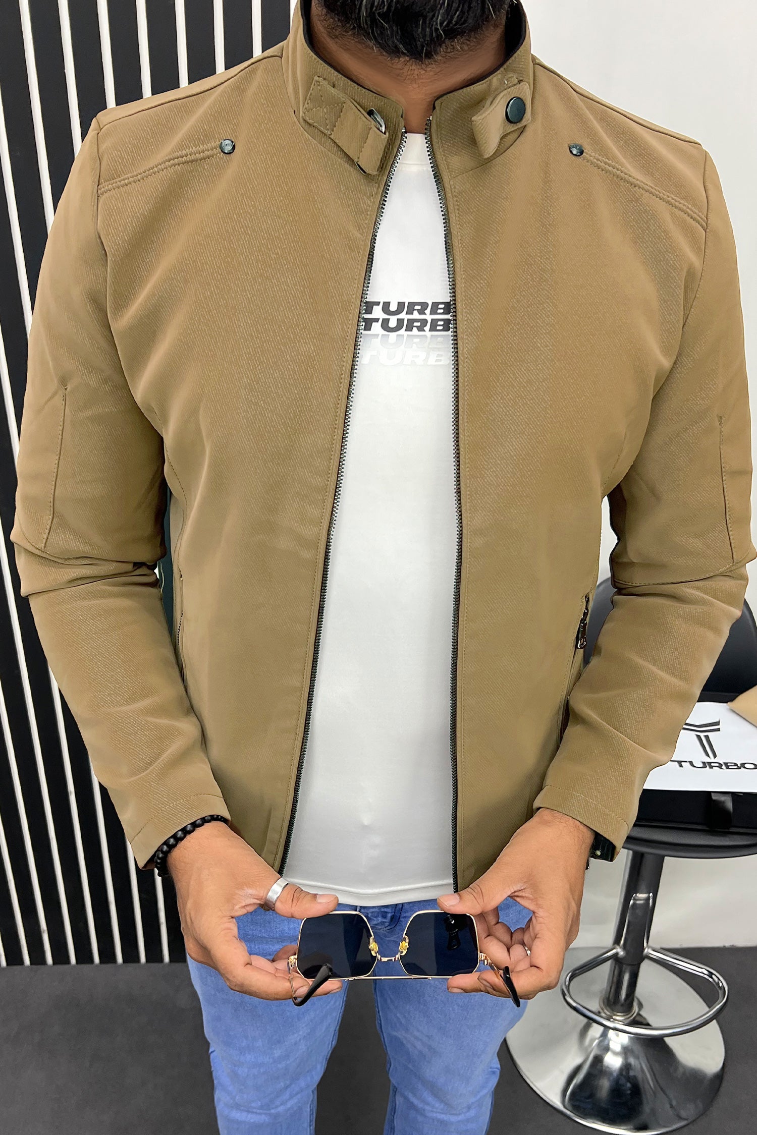 Belted Hook Collar Men's Imported Suede Leather Jacket