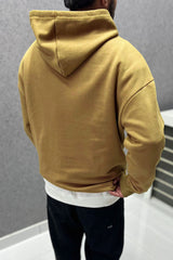 Turbo Embriodered Typography Fleece Hoodie In Camel