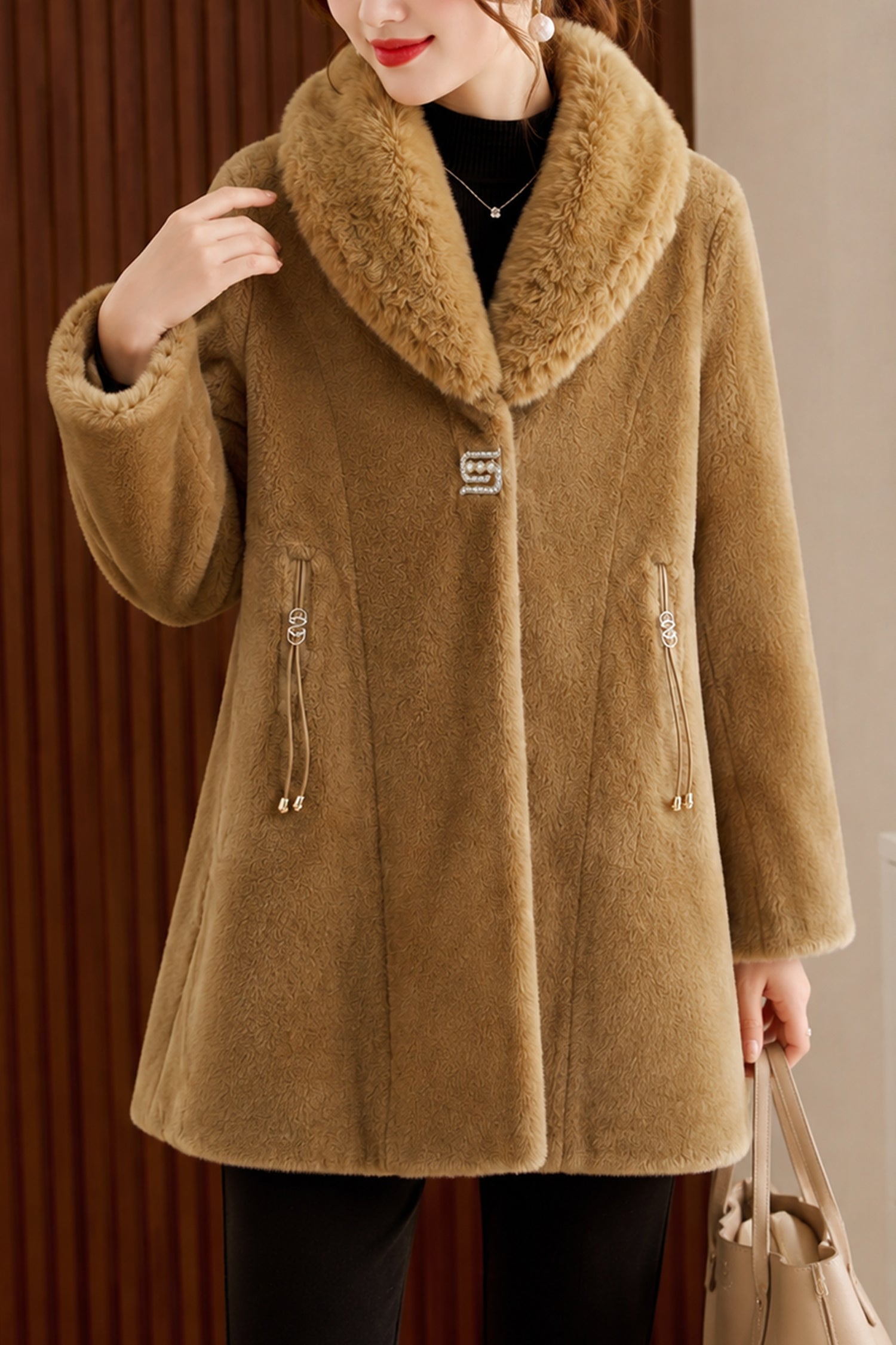 Women's Faux Fur Imp Wool Long Coat In Camel