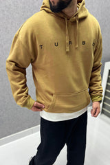 Turbo Embriodered Typography Fleece Hoodie In Camel