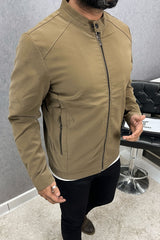 Elegant Plain Men's Imported Suede Leather Jacket In Light Brown