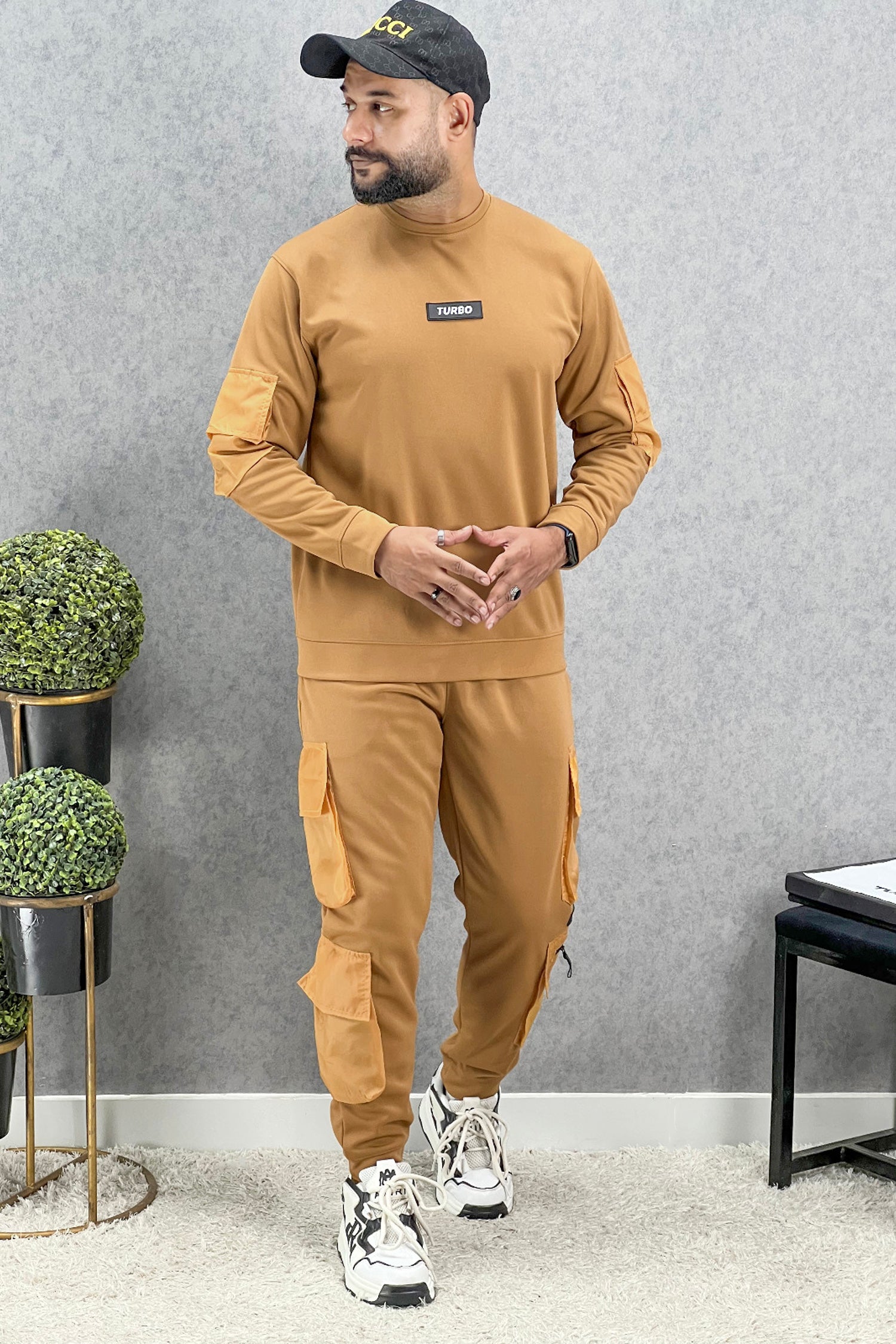 Turbo 6 Pocket Style Men Round Neck Tracksuit In Camel