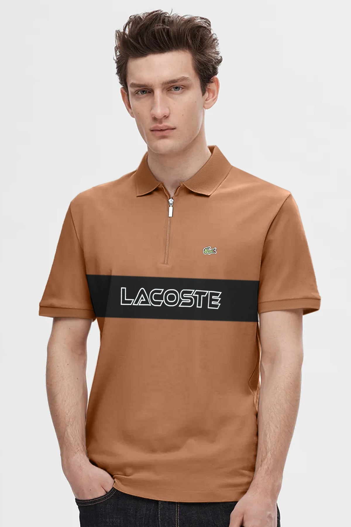 Lcste Color-Block Panel Men's Polo Shirt In Camel