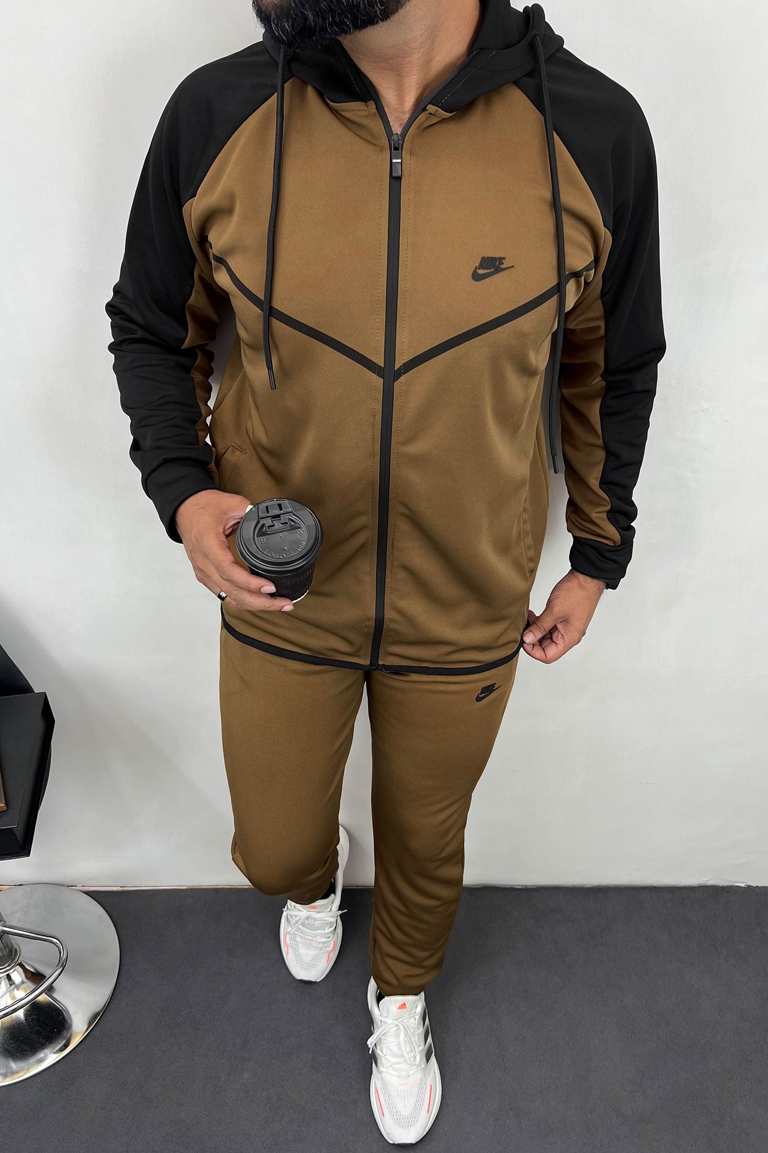 Nke Relaxed Feel Contrast Tone Fine Interlock Men Zipper Tracksuit In Camel