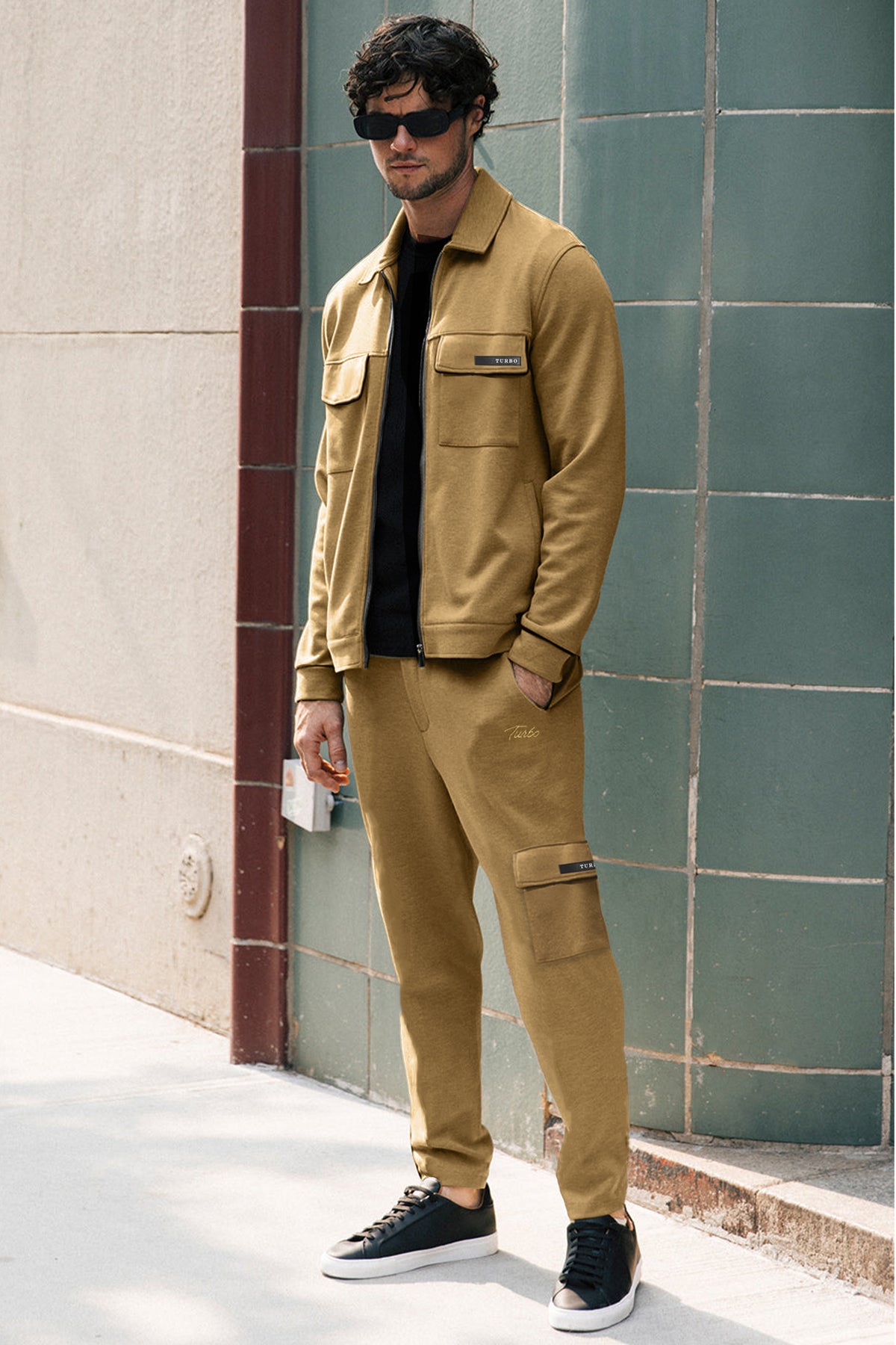 Turbo Collar Style Men Zipper Tracksuit in Camel