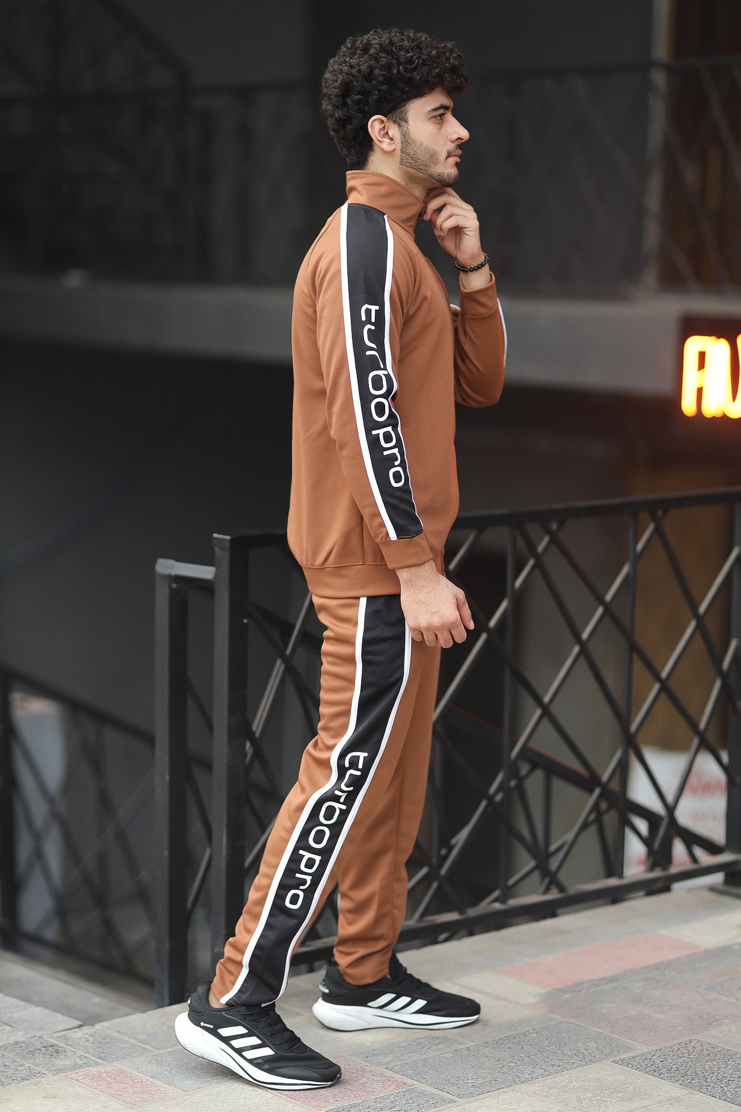 Turbo Signature Typography Men Zipper Tracksuit In Camel