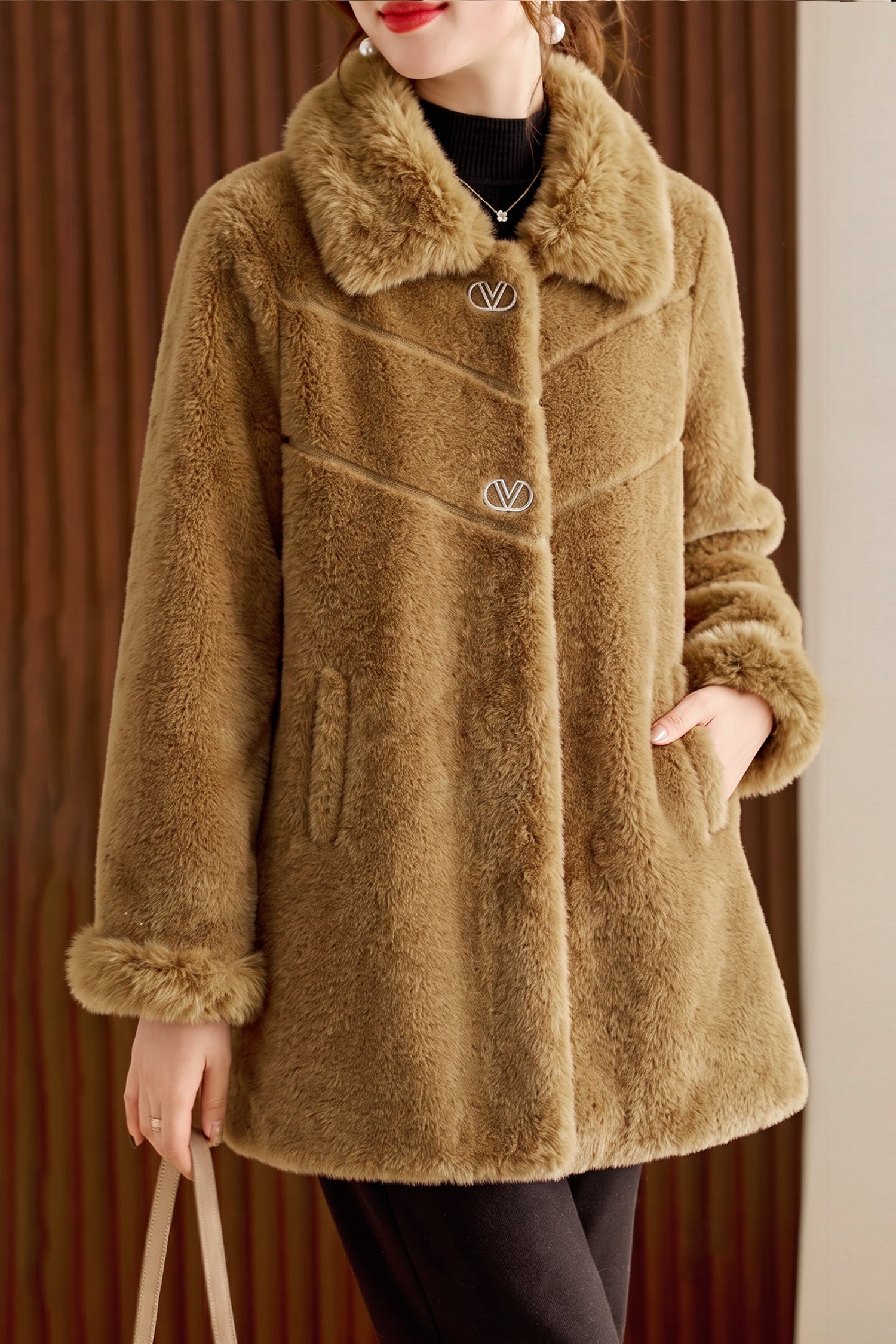 Women's Double Faux Fur Teddy Imp Wool Long Coat In Camel