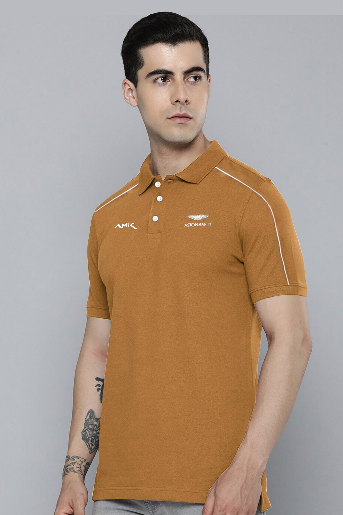Hackt Aston Martin Shoulder Cut Short Sleeve Men's Polo Shirt In Brown