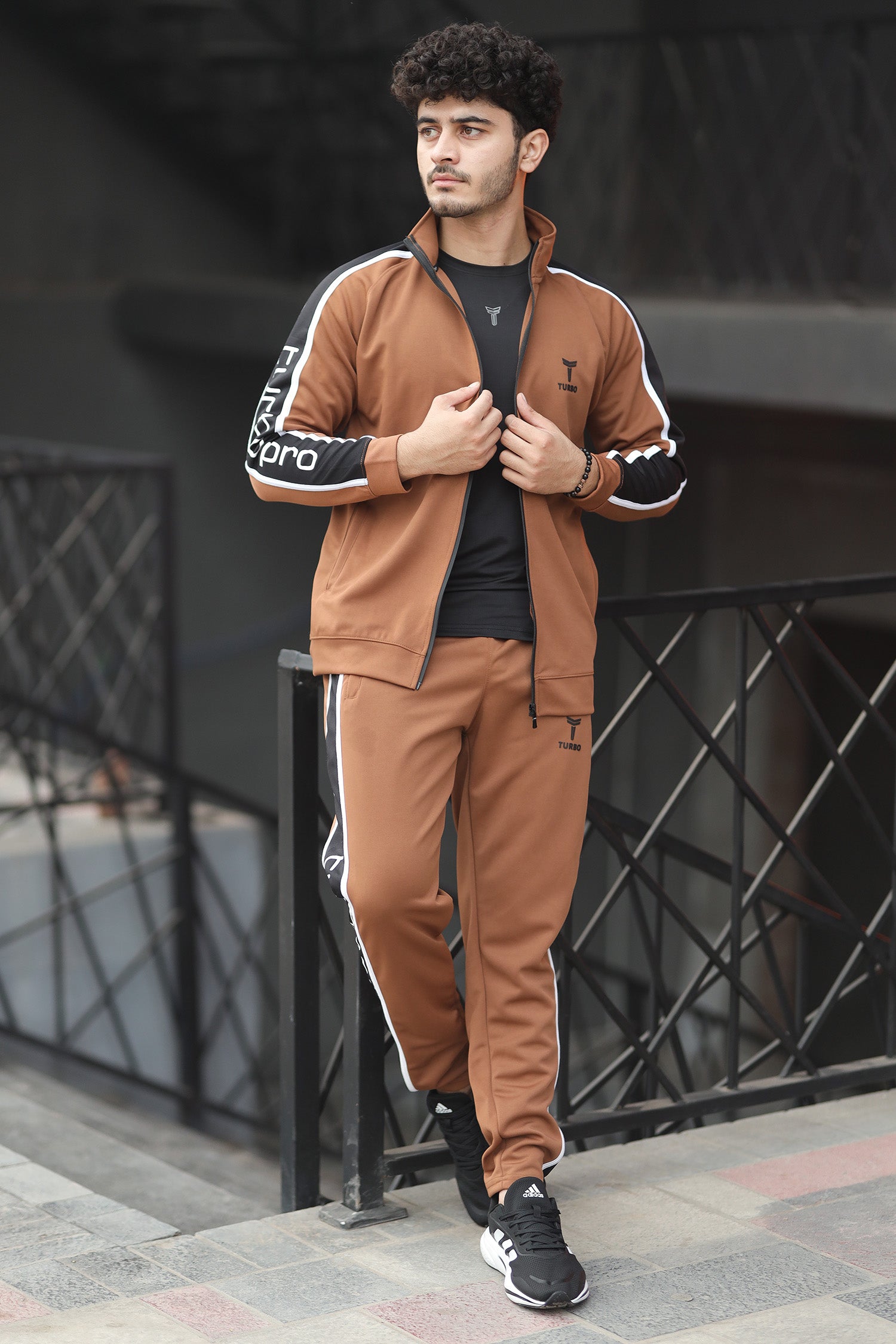 Turbo Signature Typography Men Zipper Tracksuit In Camel