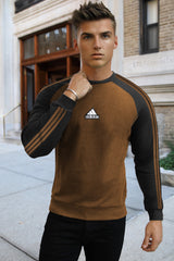 Adds Stripes Contrast Tone Full Sleeves Men's Sweatshirt in Camel