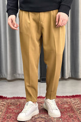 Turbo Pique Textured Double Plate SlimFit Trouser In Camel