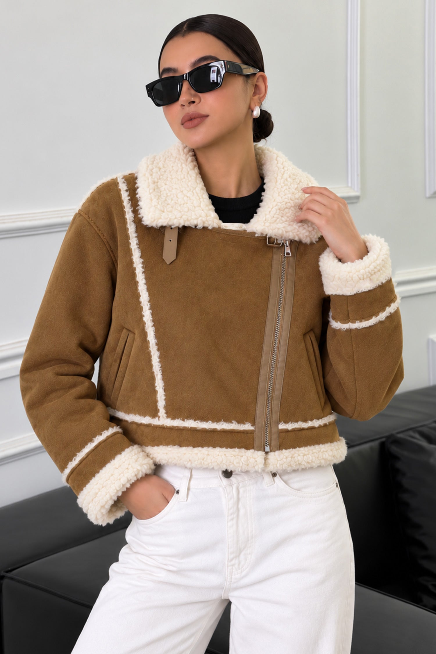 Women Asymmetric Shearling-Lined Imported Suede Jacket In Camel