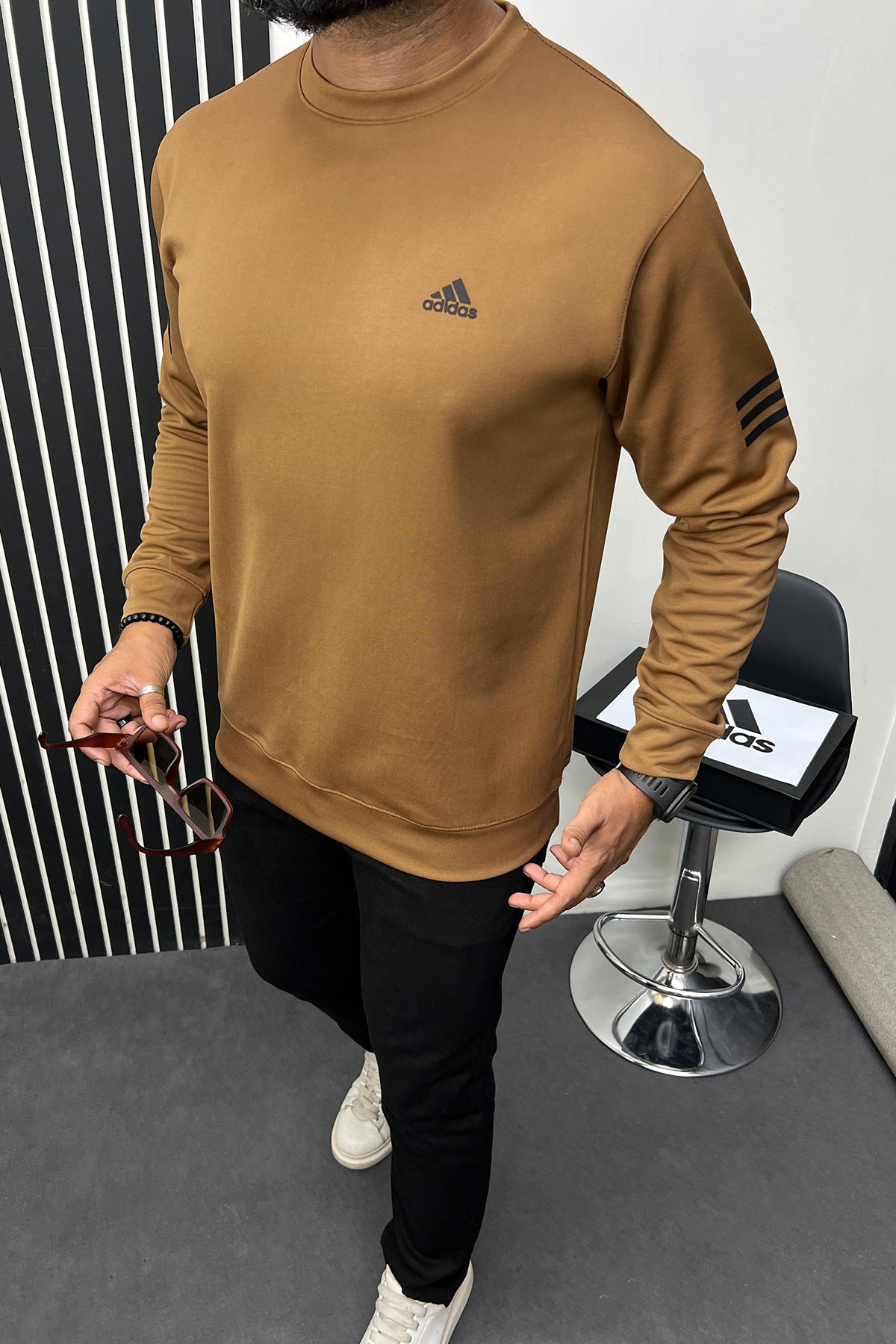 Adds Future Icon 3-Stripes Full Sleeves Sweatshirt In Camel