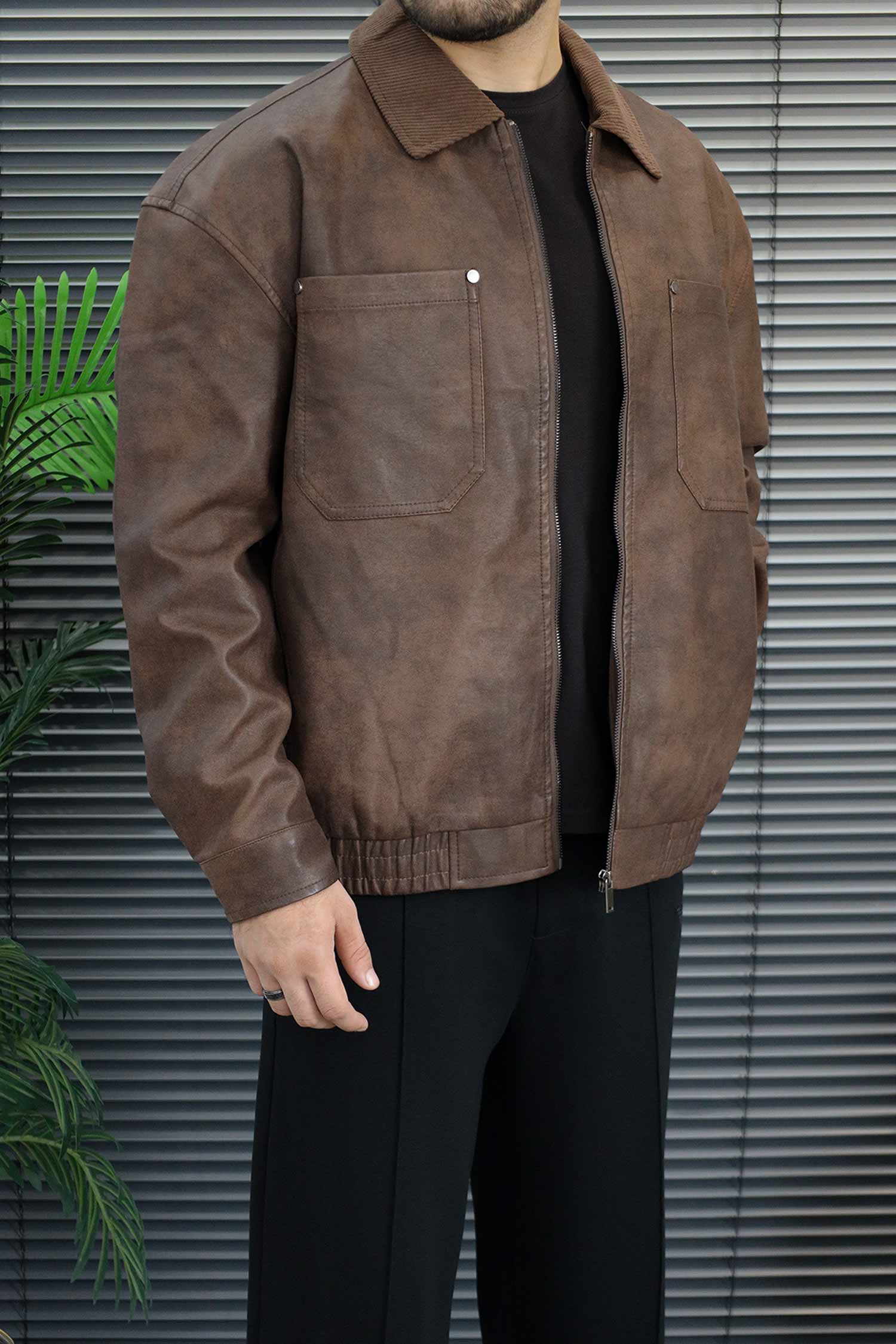 Turbo Maillard Style Vintage Imported Leather Jacket In Coffee